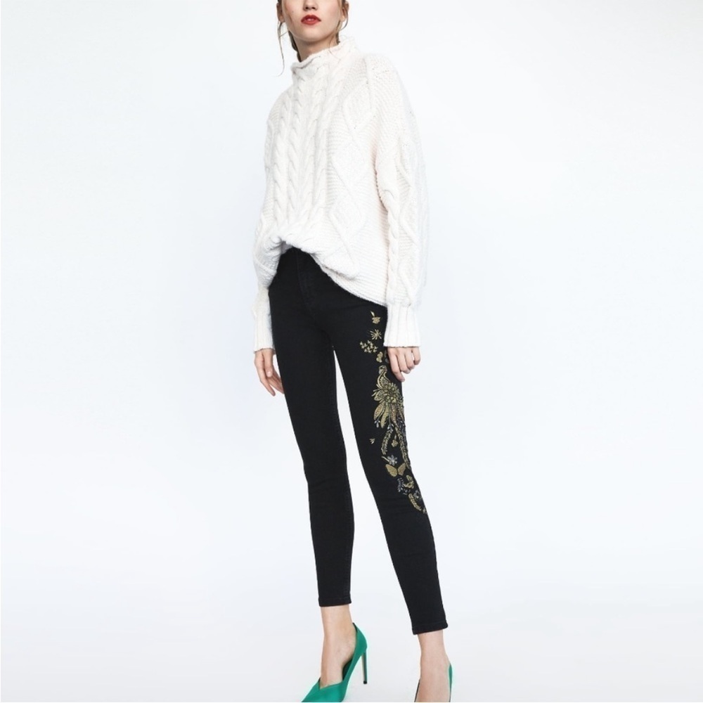 Zara Floral Skinny Embroidery High Waist Jeans